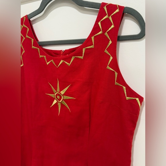 Vintage Adam Douglass Red and Gold Embroidered Dress - Made in Hong Kong - Picture 2 of 5